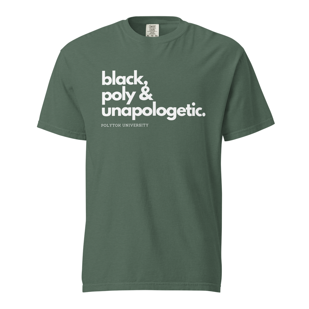Black, Poly & Unapologetic heavyweight tee — blue spruce, front view.