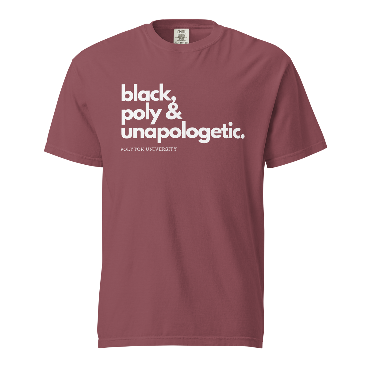 Black, Poly & Unapologetic heavyweight tee — brick, front view.
