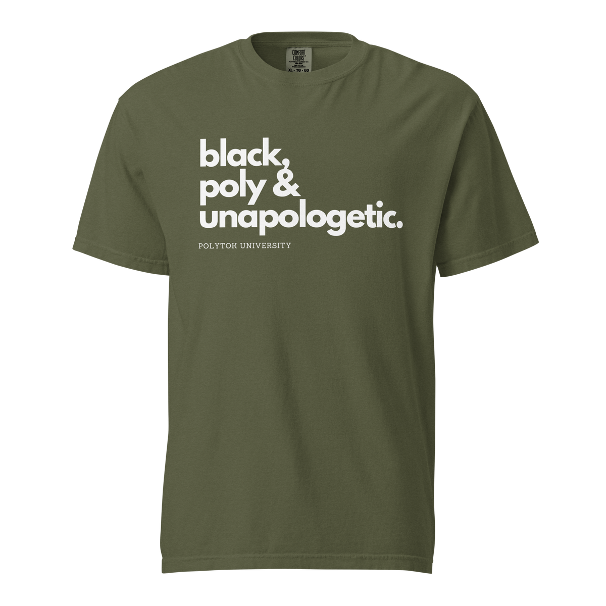 Black, Poly & Unapologetic heavyweight tee — hemp, front view.