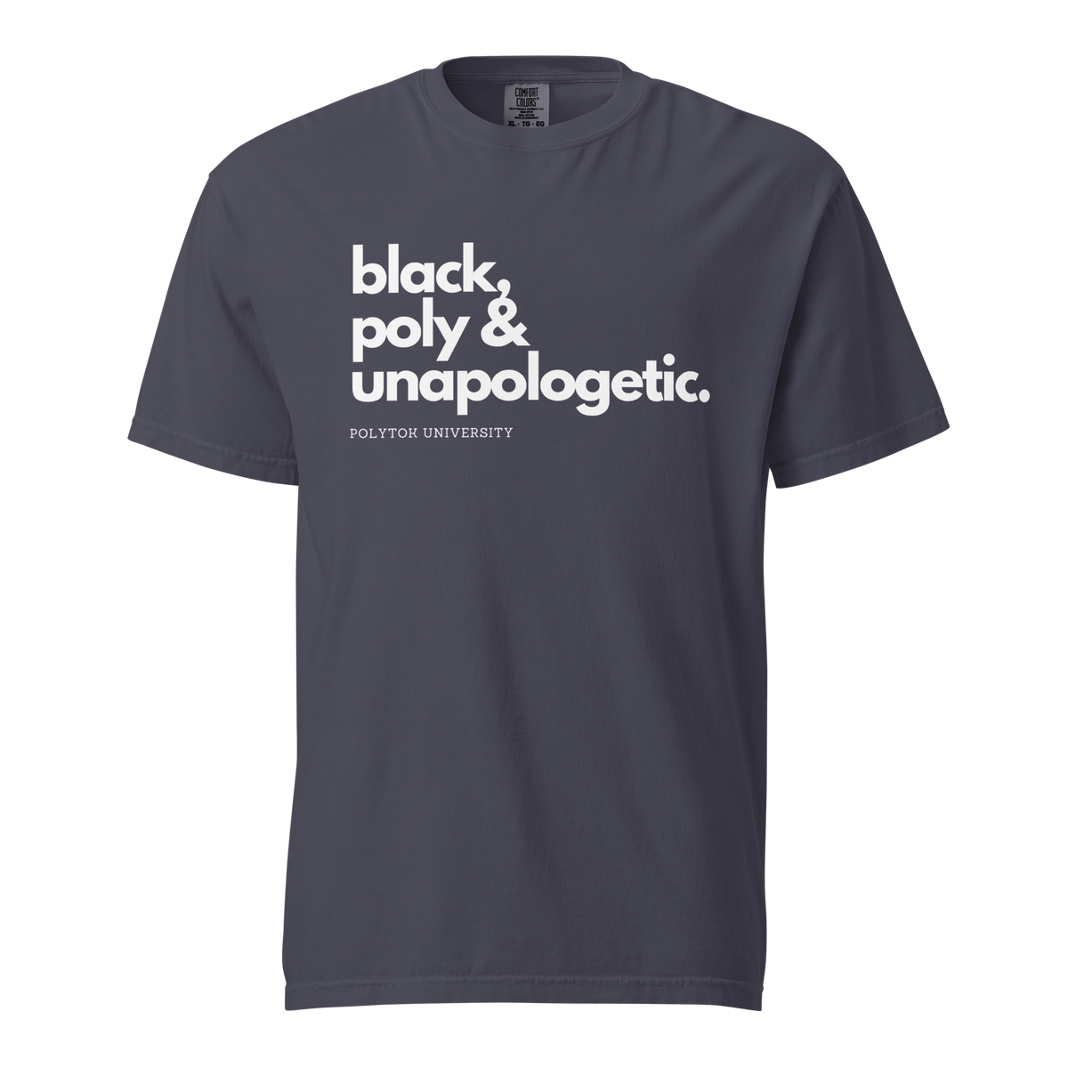 Black, Poly & Unapologetic heavyweight tee — navy, front view.