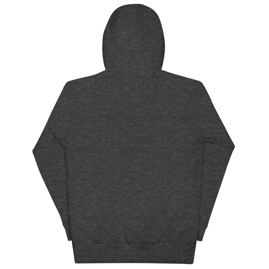 Black, Poly & Unapologetic hoodie — charcoal heather, back view.