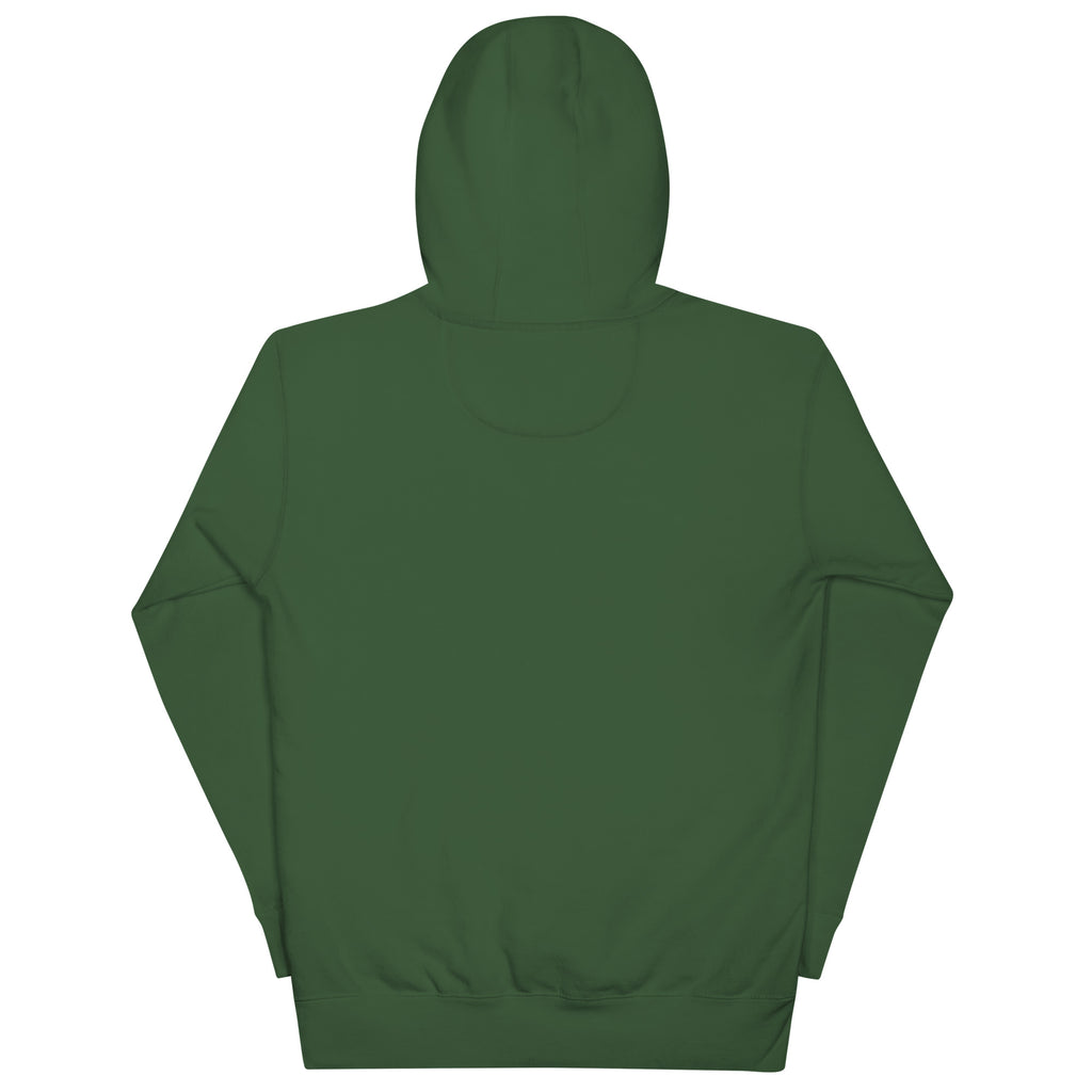 Black, Poly & Unapologetic hoodie — forest green, back view.
