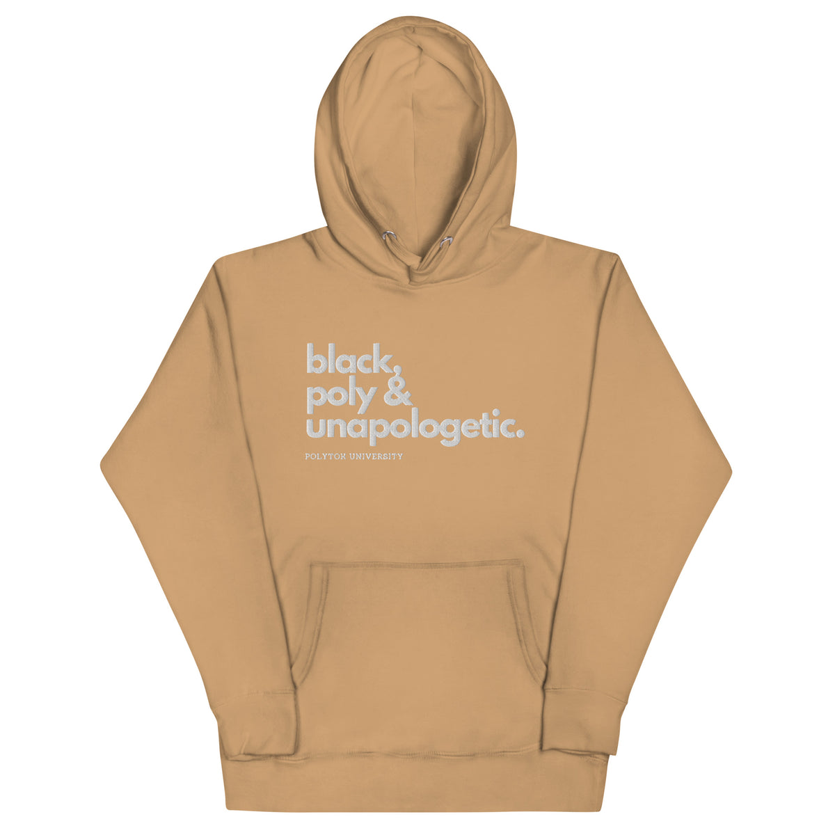 Black, Poly & Unapologetic hoodie — khaki, front view.