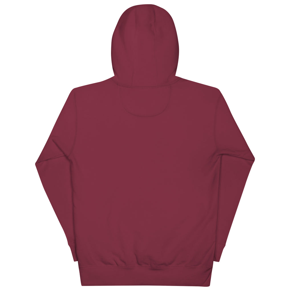 Black, Poly & Unapologetic hoodie — maroon, back view.