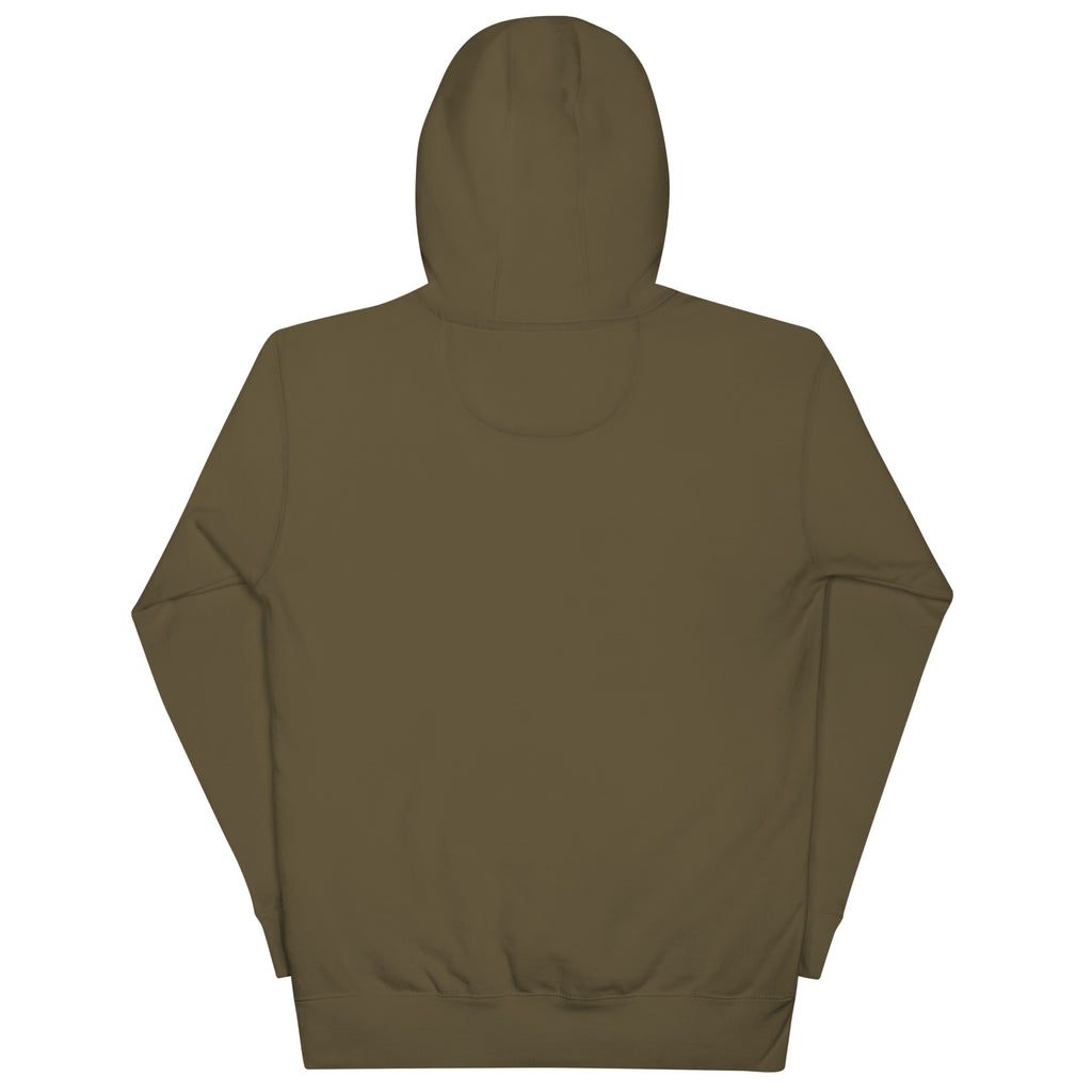 Black, Poly & Unapologetic hoodie — military green, back view.