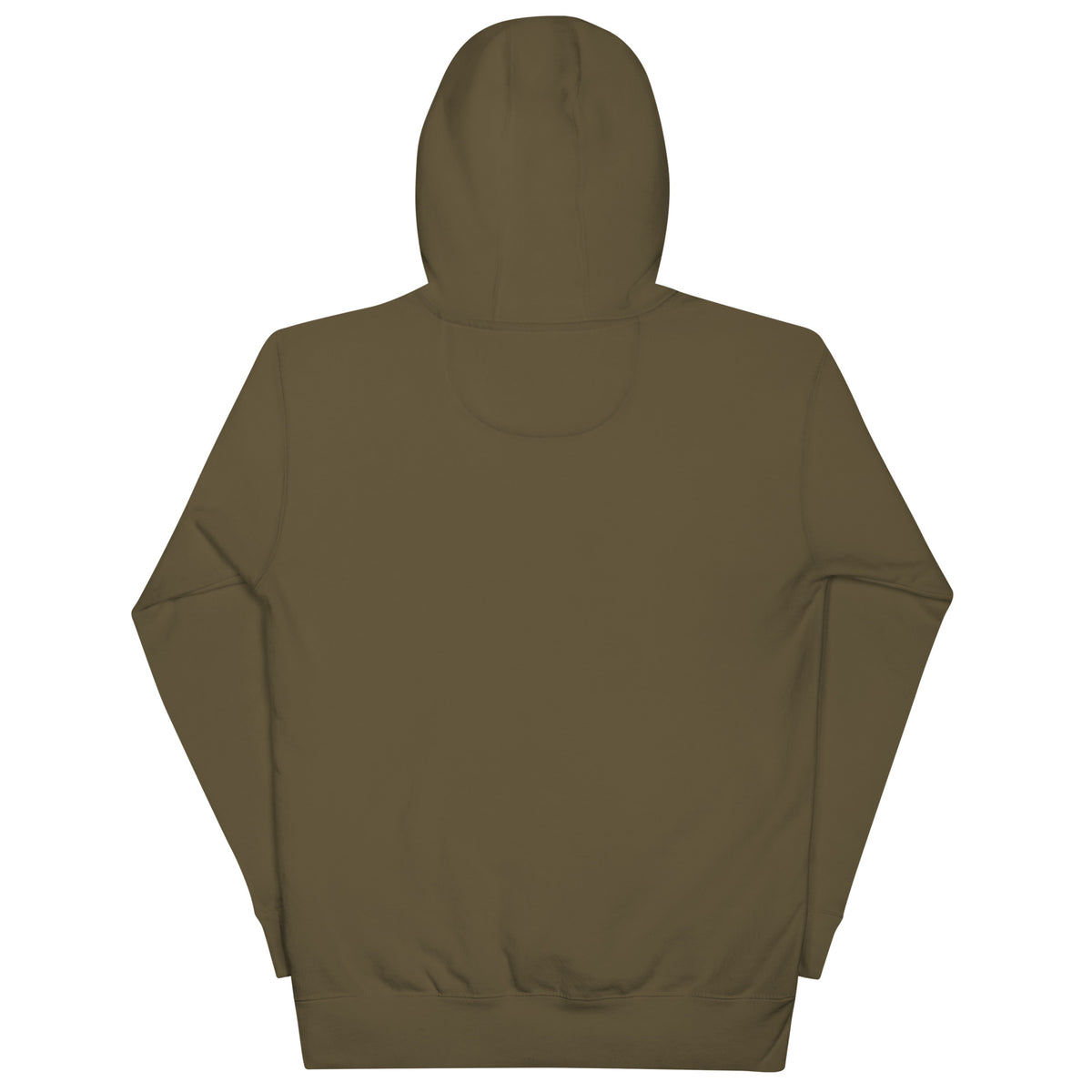 Black, Poly & Unapologetic hoodie — military green, back view.