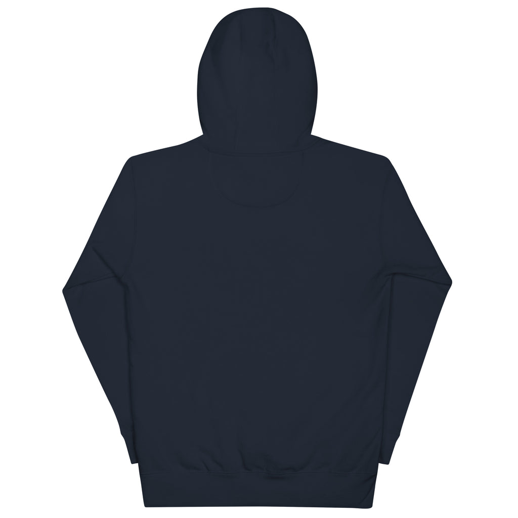 Black, Poly & Unapologetic hoodie — navy blazer, back view.