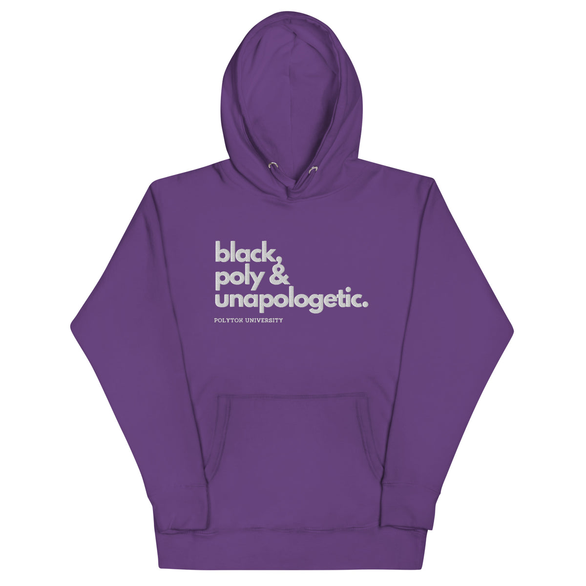 Black, Poly & Unapologetic hoodie — purple, front view.
