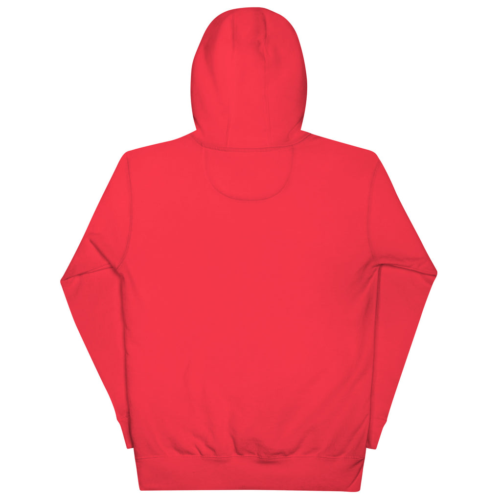 Black, Poly & Unapologetic hoodie — team red, back view.