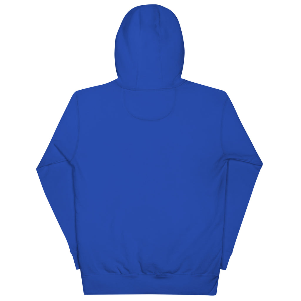 Black, Poly & Unapologetic hoodie — team royal, back view.