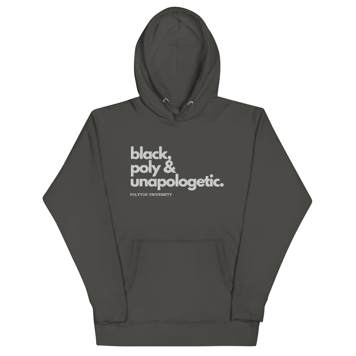 Black, Poly & Unapologetic hoodie — vintage black, front view.