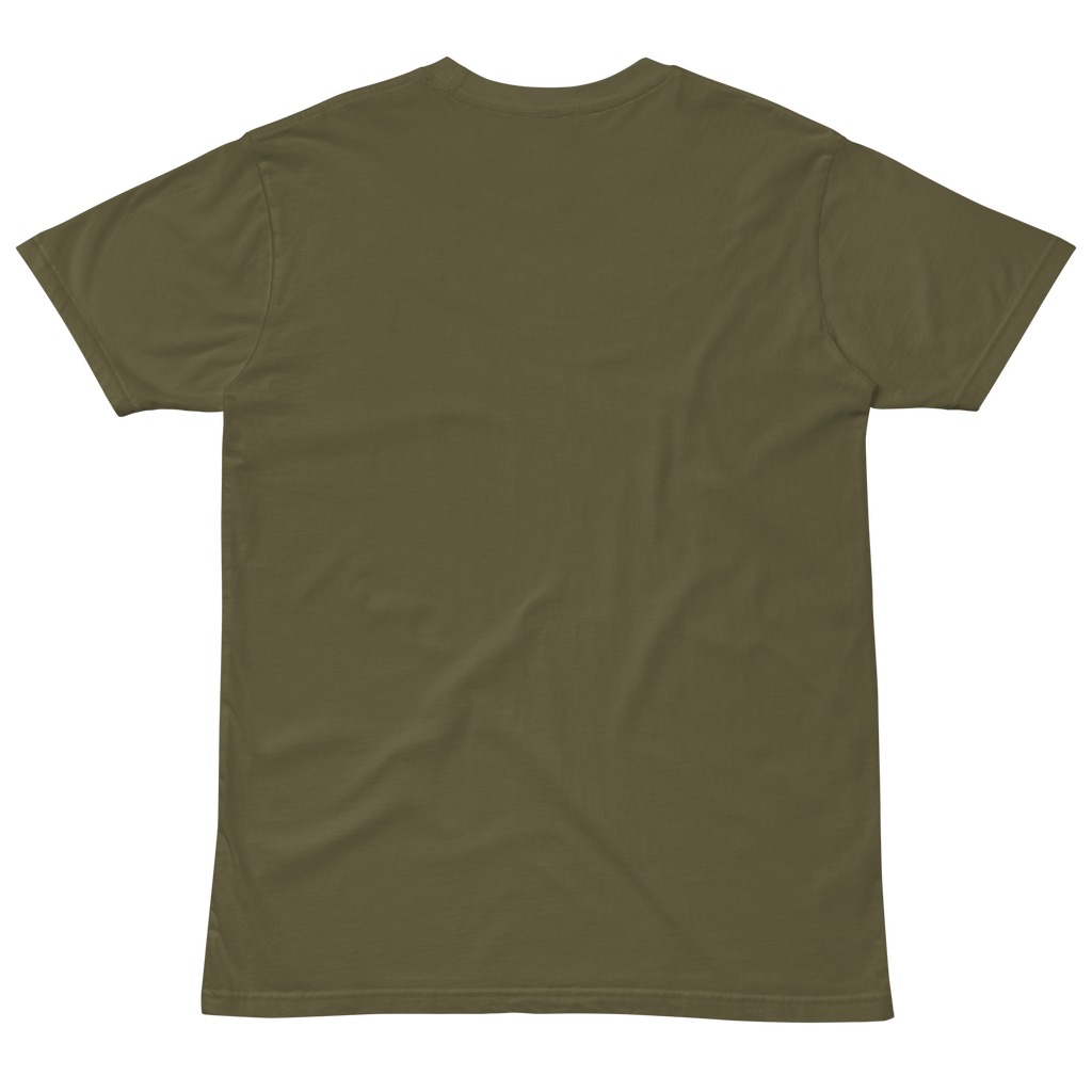 Compersion Over Comparison premium tee — army, back view.