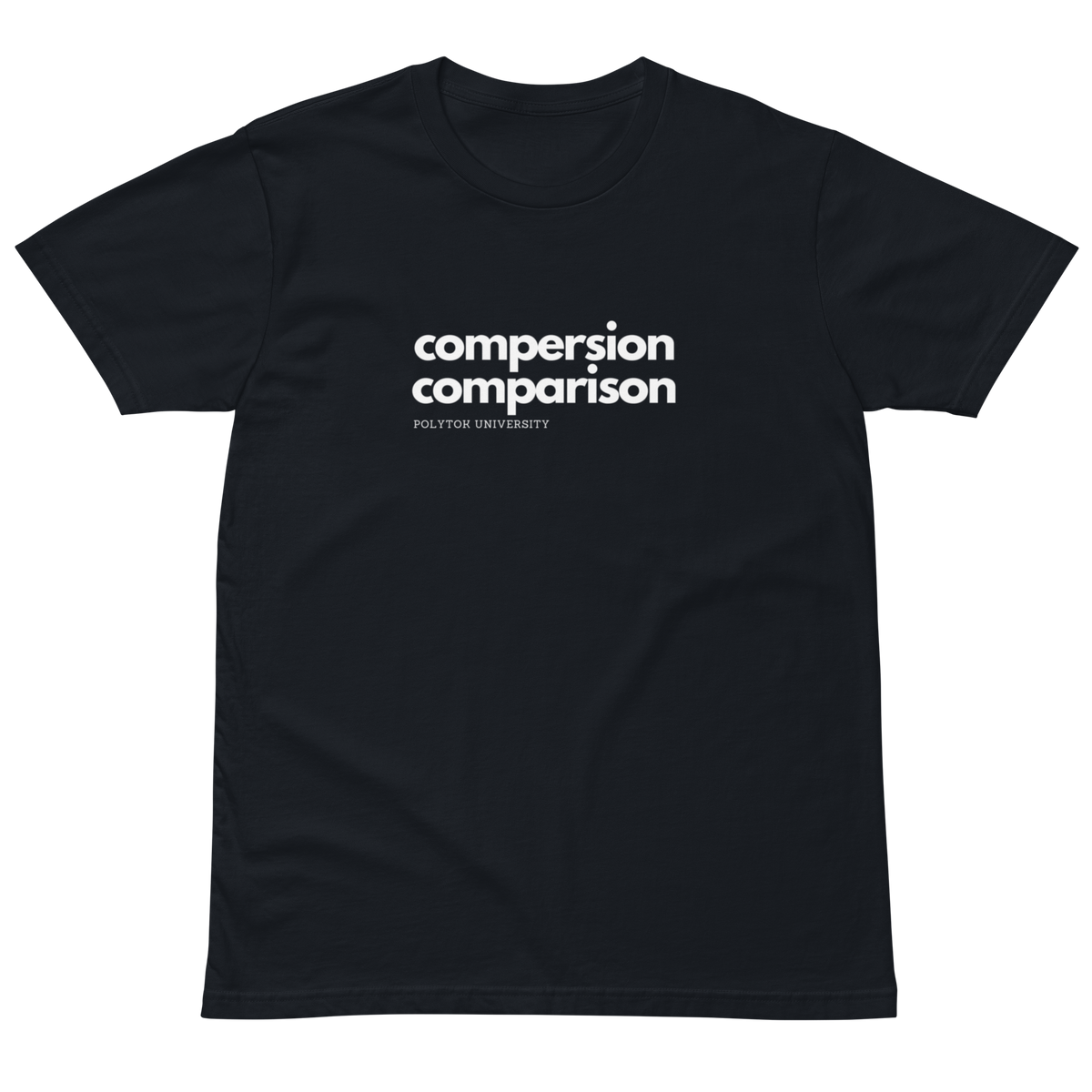 Compersion Over Comparison premium tee — navy, front view.