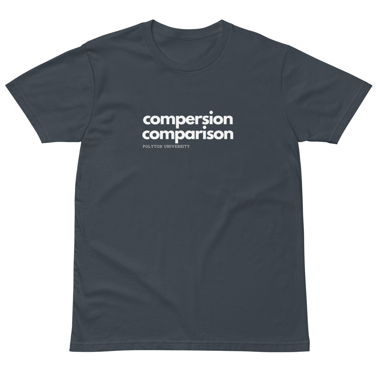 Compersion Over Comparison premium tee — petrol blue, front view.