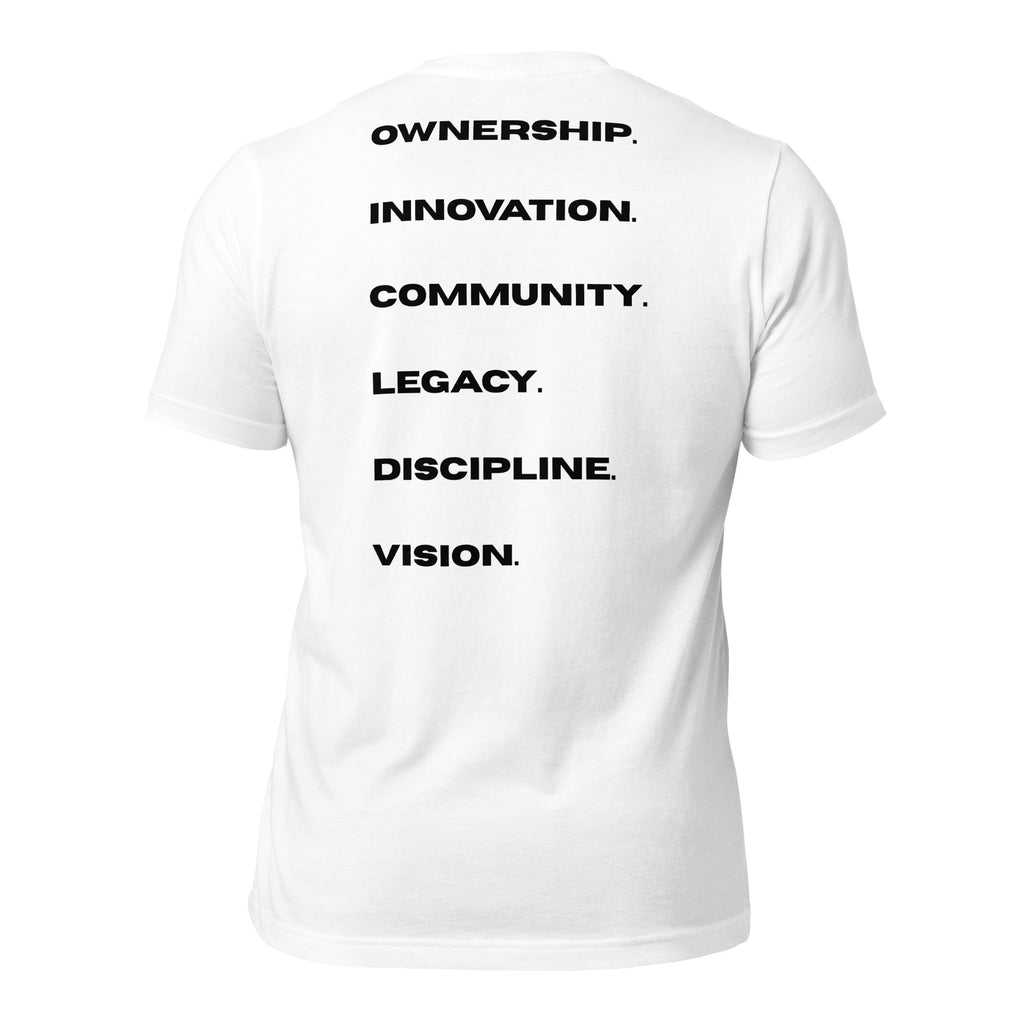The Blueprint Tee by BLEXCELLENCE, back view on white shirt