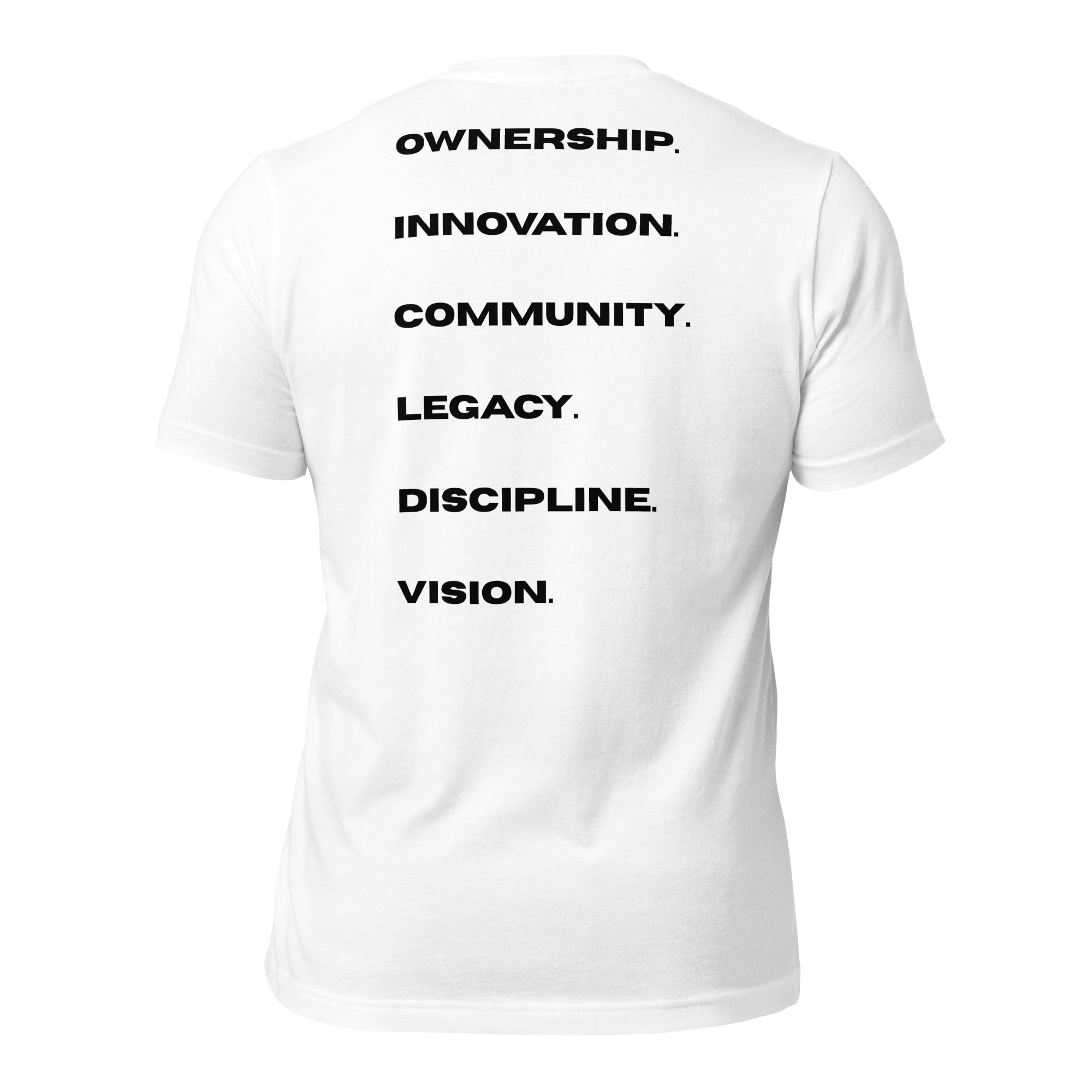 The Blueprint Tee by BLEXCELLENCE, back view on white shirt