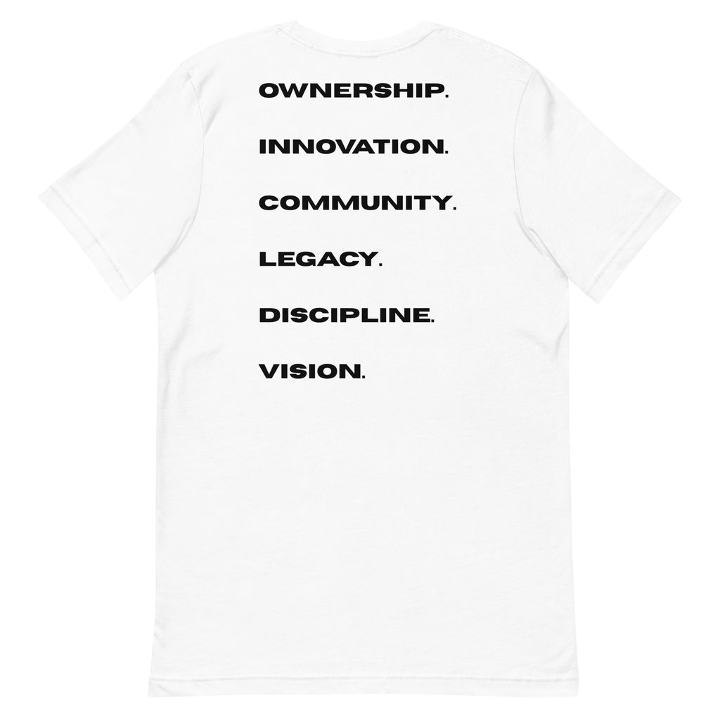 The Blueprint Tee by BLEXCELLENCE, back detail view on white shirt