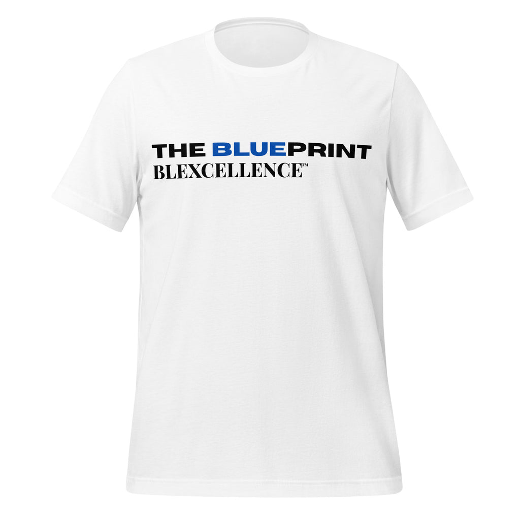 The Blueprint Tee by BLEXCELLENCE, front view on white shirt