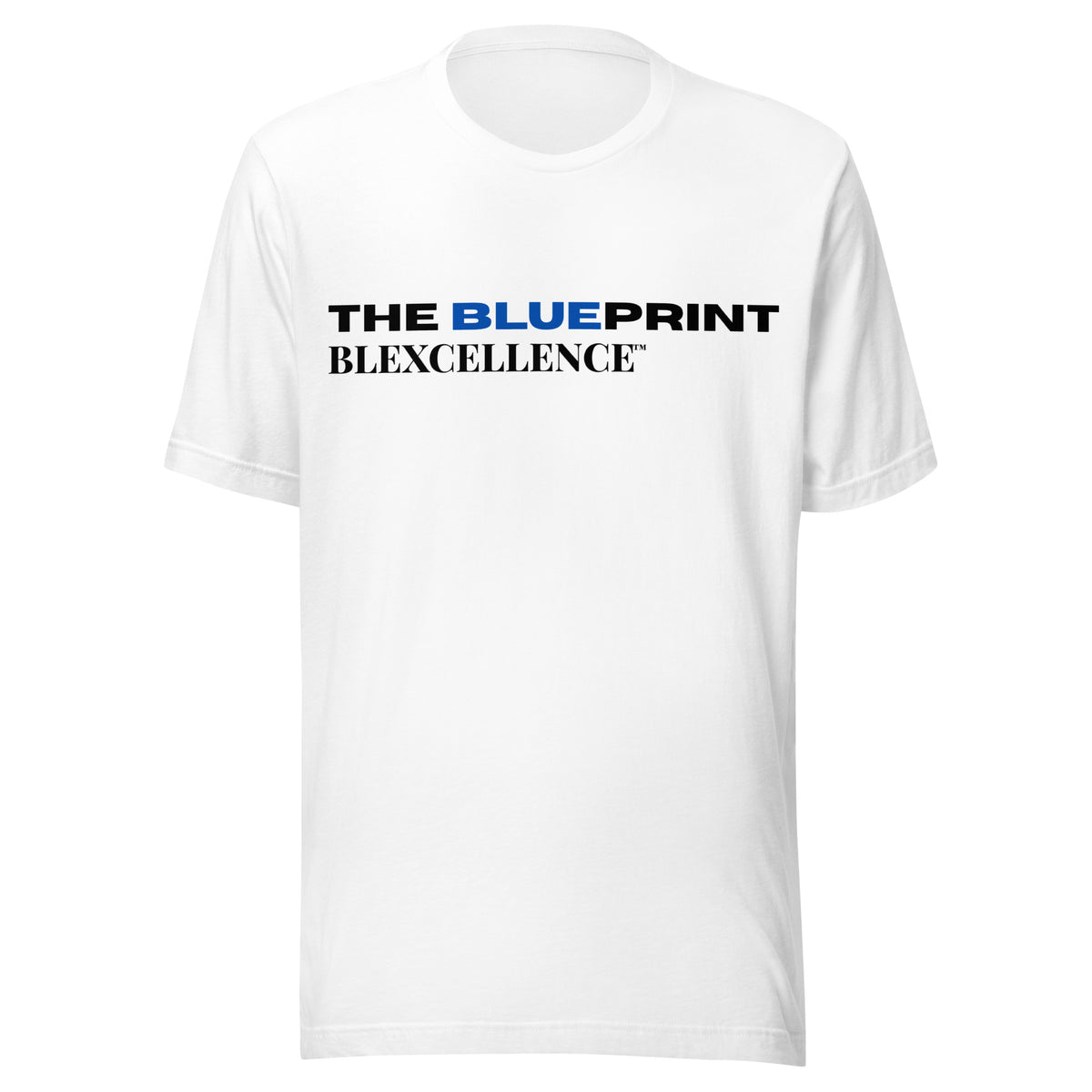 The Blueprint Tee by BLEXCELLENCE, front print view on white shirt