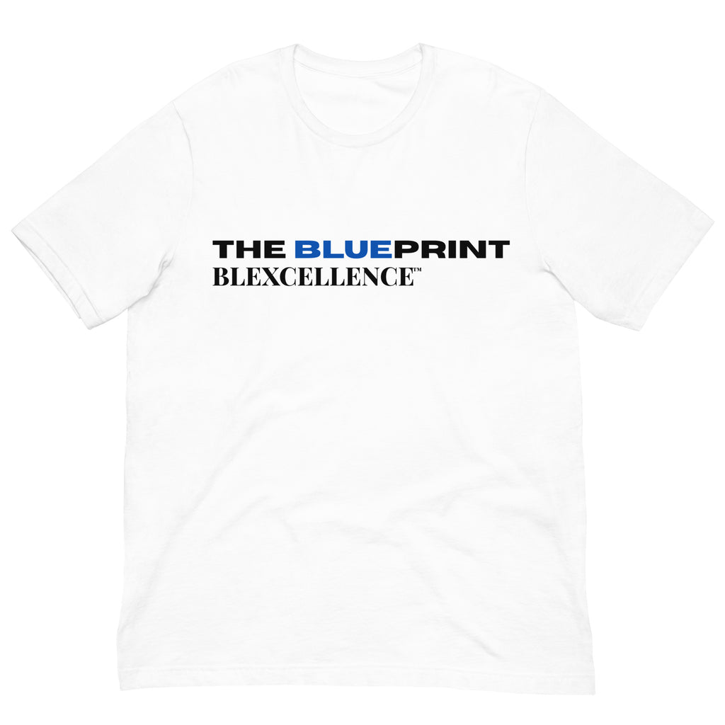 The Blueprint Tee by BLEXCELLENCE, alternate front print view on white shirt