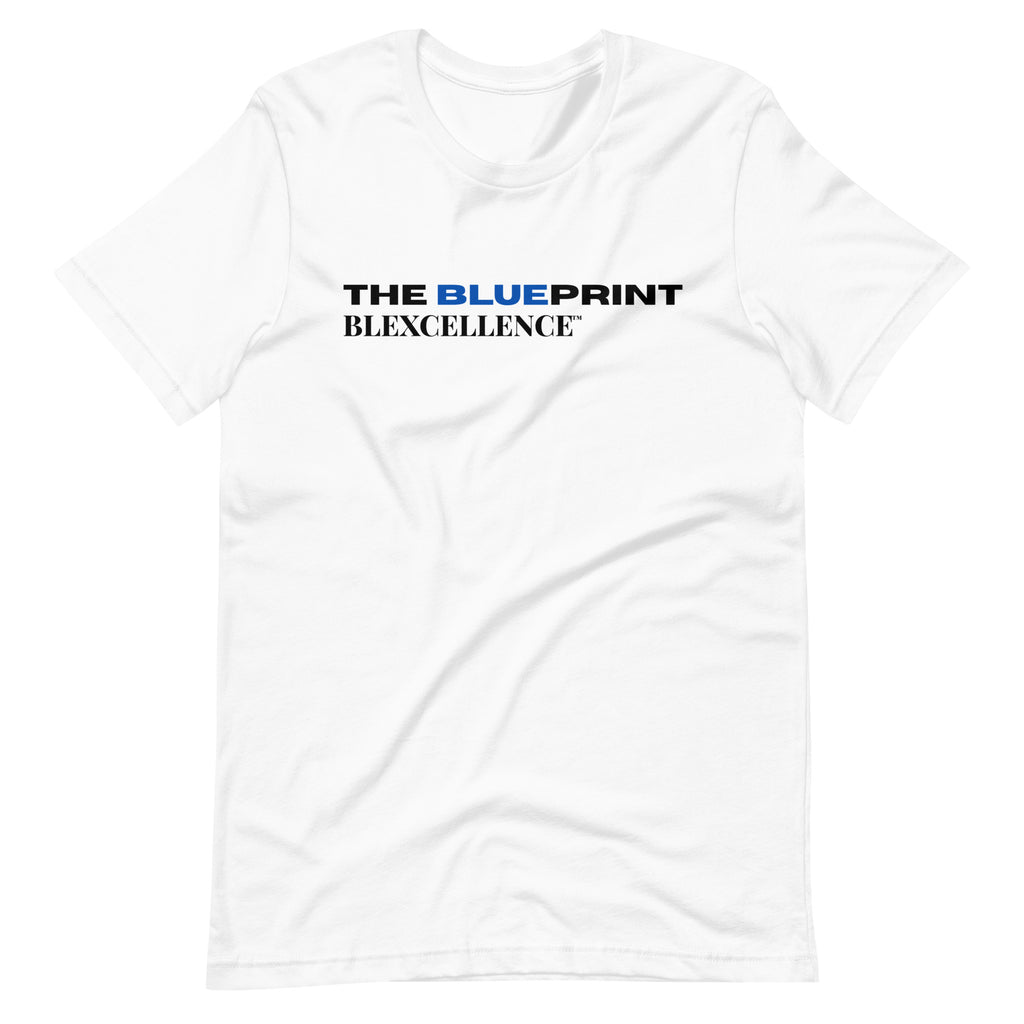 The Blueprint Tee by BLEXCELLENCE, front view with print on white shirt