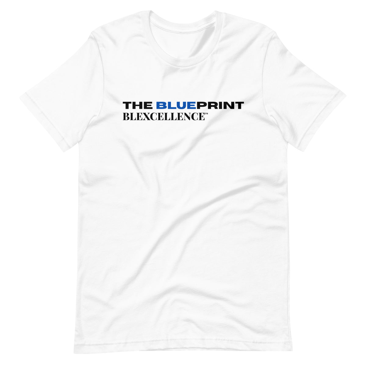The Blueprint Tee by BLEXCELLENCE, front view with print on white shirt