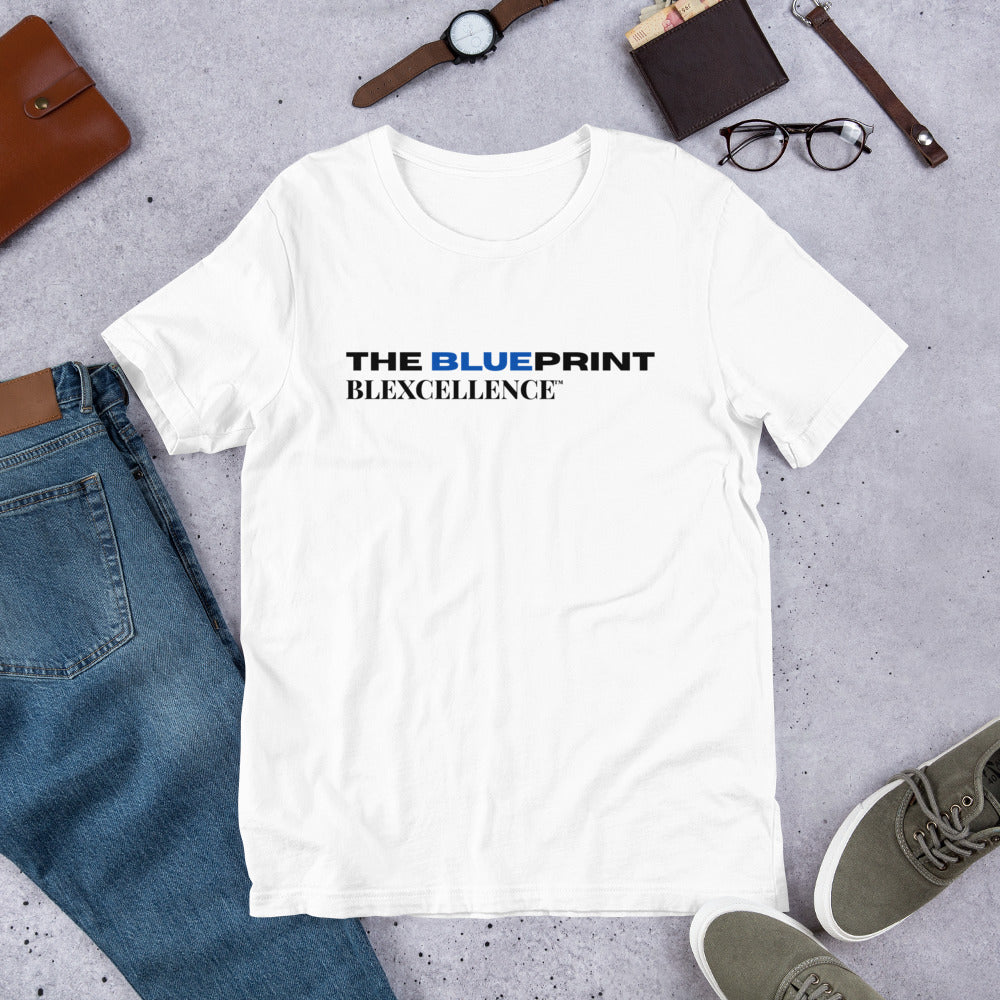 The Blueprint Tee by BLEXCELLENCE, final front view on white shirt