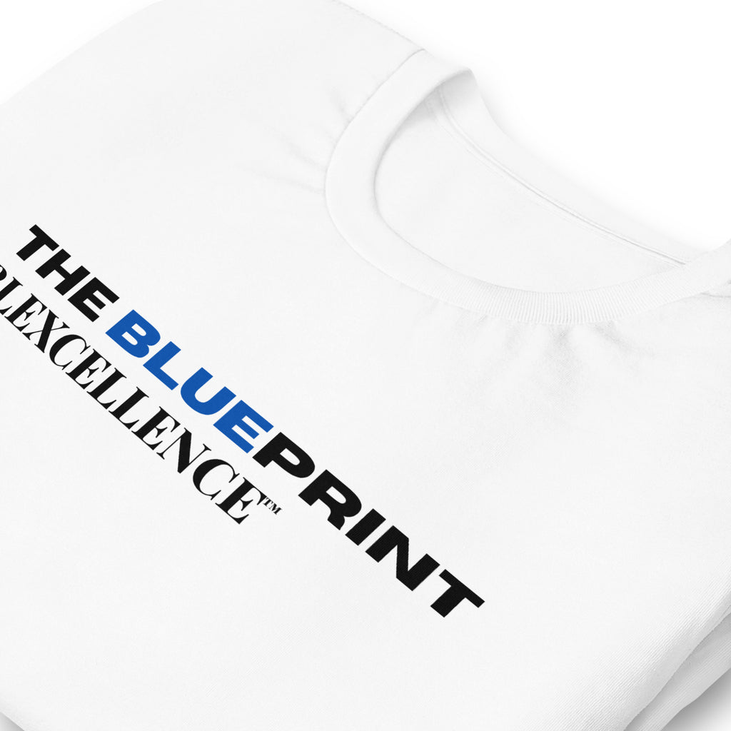 The Blueprint Tee by BLEXCELLENCE, zoomed-in print detail